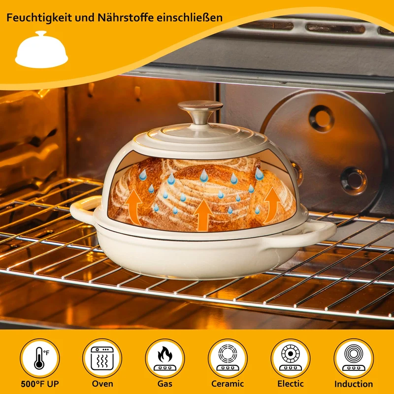 Velaze Gusseisen Topf Brot Backen, 4,8L Emaille Schmortopf mit Deckel und Griffen, 26 cm Brotbacktopf, Bräter Gusseisen, Dutch Oven für Küche Backen Bräter & Schmortöpfe (Weiß)