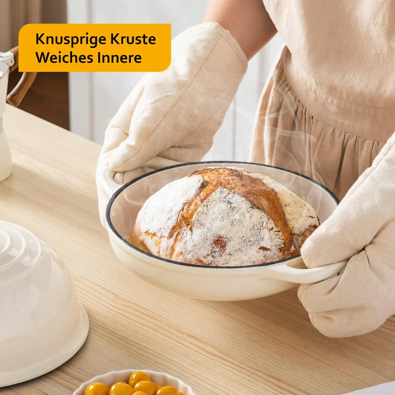 Velaze Gusseisen Topf Brot Backen, 4,8L Emaille Schmortopf mit Deckel und Griffen, 26 cm Brotbacktopf, Bräter Gusseisen, Dutch Oven für Küche Backen Bräter & Schmortöpfe (Weiß)