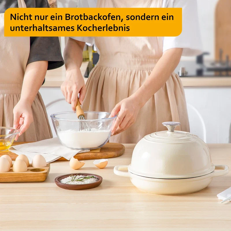 Velaze Gusseisen Topf Brot Backen, 4,8L Emaille Schmortopf mit Deckel und Griffen, 26 cm Brotbacktopf, Bräter Gusseisen, Dutch Oven für Küche Backen Bräter & Schmortöpfe (Weiß)