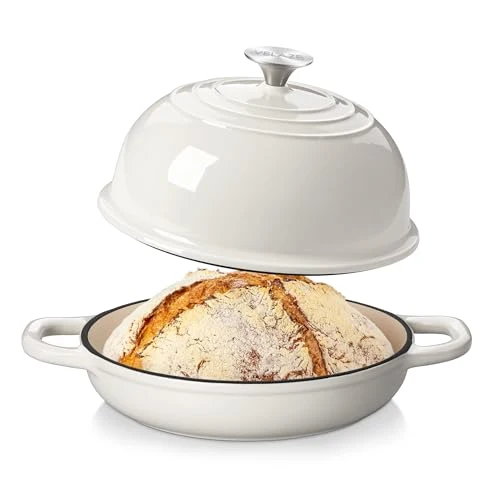 Velaze Gusseisen Topf Brot Backen, 4,8L Emaille Schmortopf mit Deckel und Griffen, 26 cm Brotbacktopf, Bräter Gusseisen, Dutch Oven für Küche Backen Bräter & Schmortöpfe (Weiß)