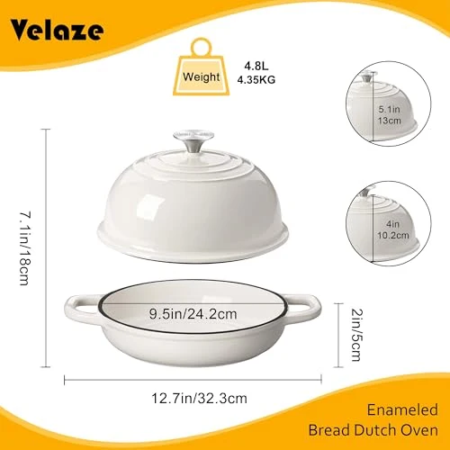 Velaze Gusseisen Topf Brot Backen, 4,8L Emaille Schmortopf mit Deckel und Griffen, 26 cm Brotbacktopf, Bräter Gusseisen, Dutch Oven für Küche Backen Bräter & Schmortöpfe (Weiß)