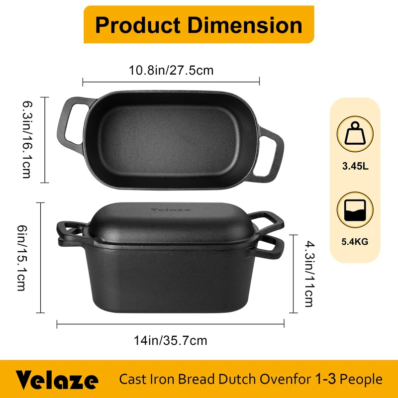 Velaze Schmortopf mit Deckel, Quadrat Gusseisen Topf 3,45L, 28cm Gusseisen Bräter mit Deckel Backofengeeignet, Induktion, Indoor & Outdoor – Cast Iron Pot für Bräter & Schmortöpfe Rot