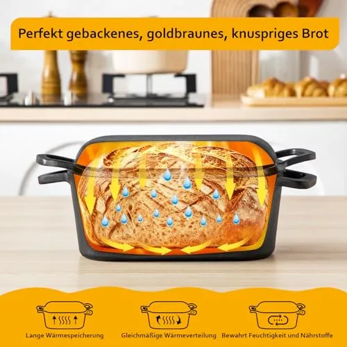 Velaze Schmortopf mit Deckel, Quadrat Gusseisen Topf 3,45L, 28cm Gusseisen Bräter mit Deckel Backofengeeignet, Induktion, Indoor & Outdoor – Cast Iron Pot für Bräter & Schmortöpfe Rot