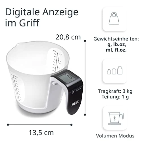 ADE Digitale Messbecher-Waage | Küchenwaage mit Messbecher zum Wiegen und Messen | Elektronische Messbecherwaage zum Backen und Kochen