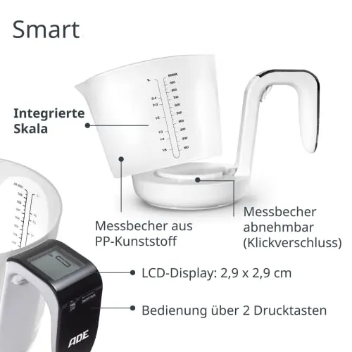 ADE Digitale Messbecher-Waage | Küchenwaage mit Messbecher zum Wiegen und Messen | Elektronische Messbecherwaage zum Backen und Kochen