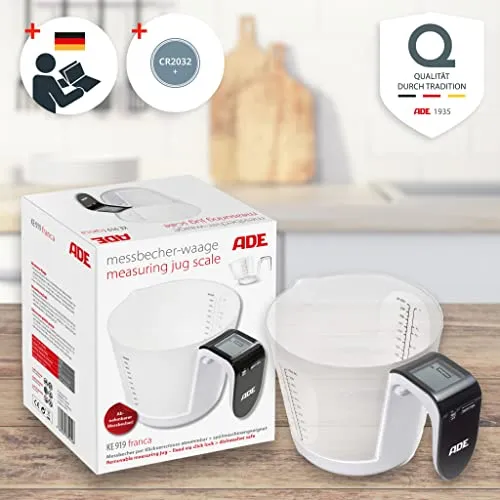 ADE Digitale Messbecher-Waage | Küchenwaage mit Messbecher zum Wiegen und Messen | Elektronische Messbecherwaage zum Backen und Kochen