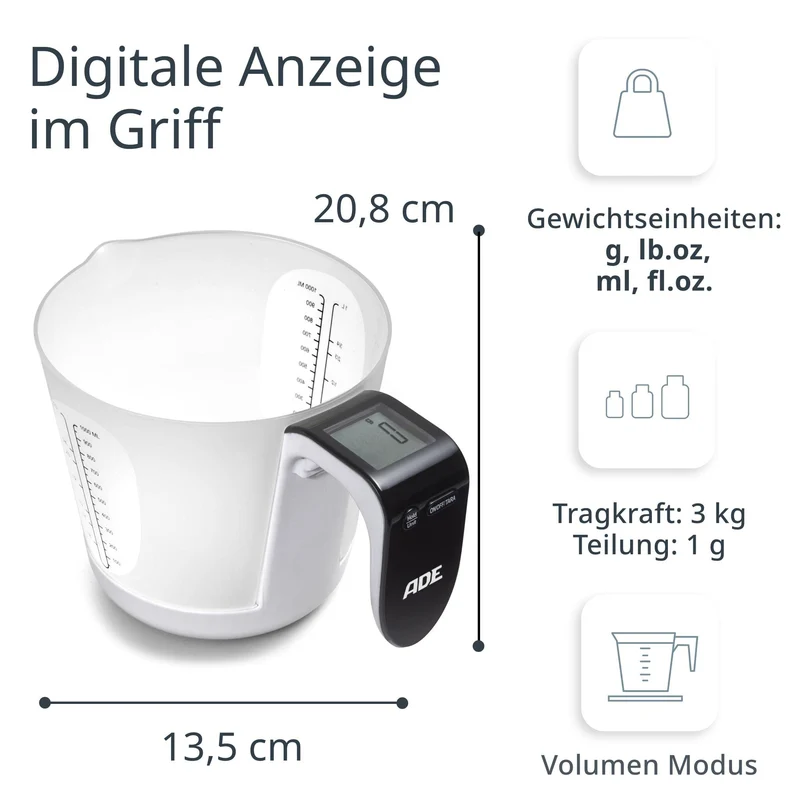 ADE Digitale Messbecher-Waage | Küchenwaage mit Messbecher zum Wiegen und Messen | Elektronische Messbecherwaage zum Backen und Kochen