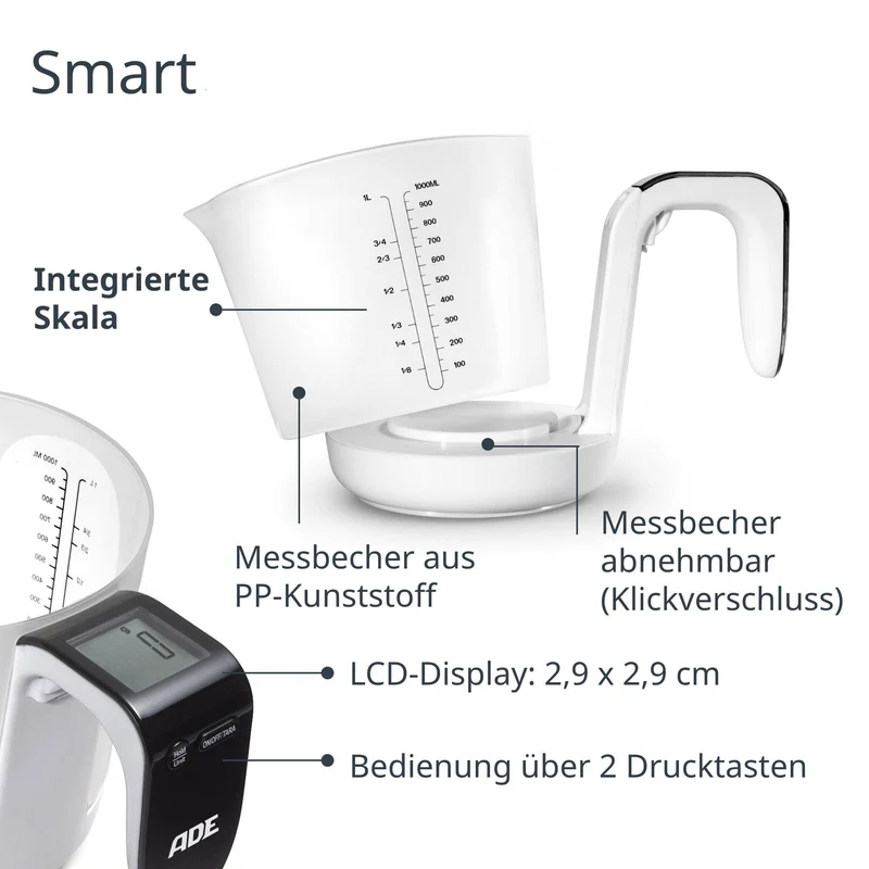 ADE Digitale Messbecher-Waage | Küchenwaage mit Messbecher zum Wiegen und Messen | Elektronische Messbecherwaage zum Backen und Kochen