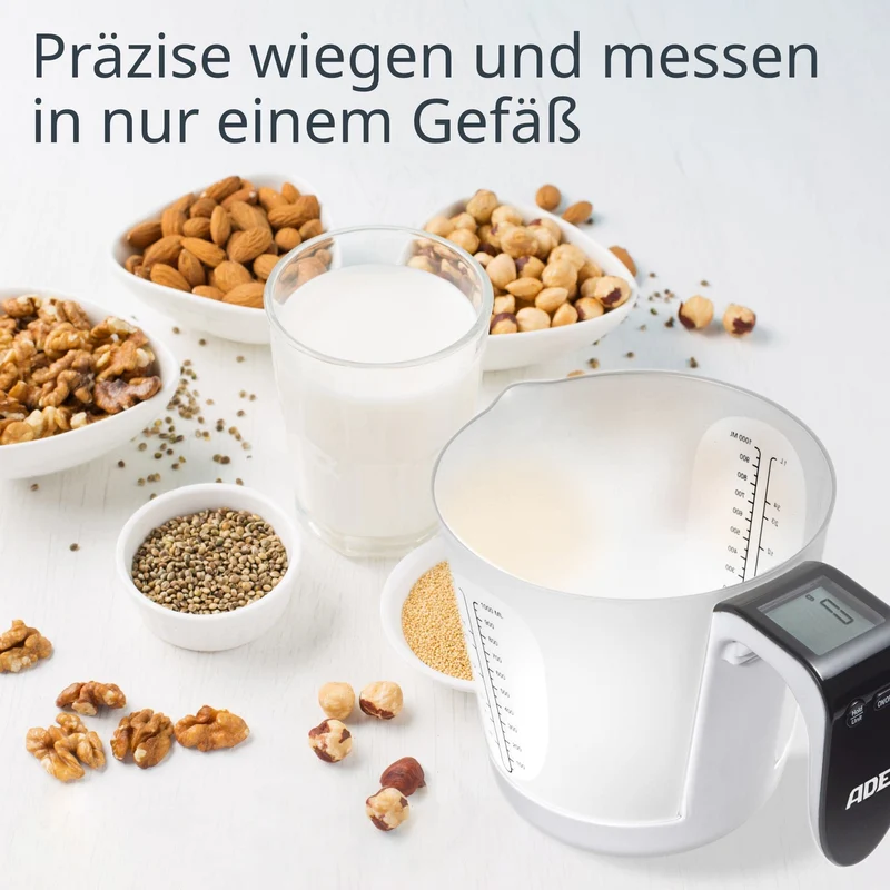 ADE Digitale Messbecher-Waage | Küchenwaage mit Messbecher zum Wiegen und Messen | Elektronische Messbecherwaage zum Backen und Kochen