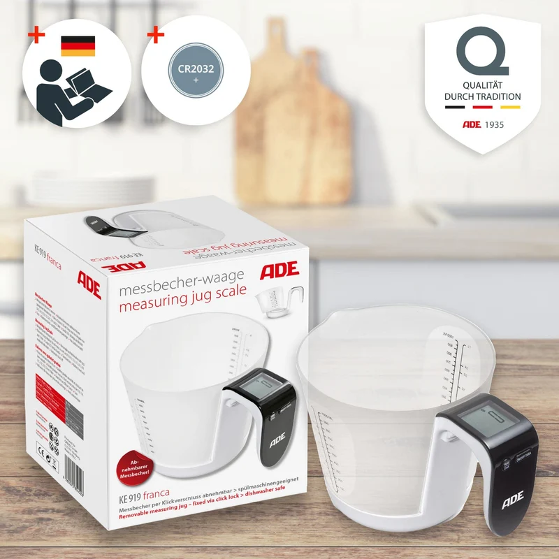 ADE Digitale Messbecher-Waage | Küchenwaage mit Messbecher zum Wiegen und Messen | Elektronische Messbecherwaage zum Backen und Kochen