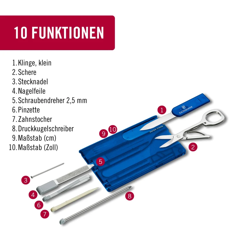 Victorinox Swiss Card Classic Multitool-Taschenmesser, 10 Funktionen, Blau