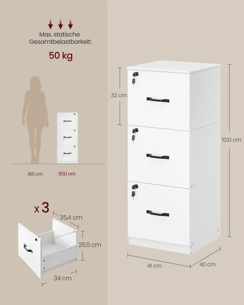VASAGLE Aktenschrank, Büroschrank, mit 3 abschließbaren Schubladen
