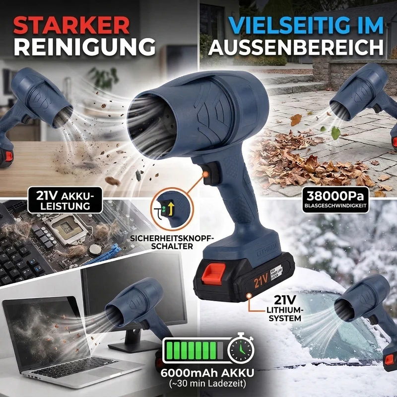 Leistungsstarker Akku Laubbläser 21 V 300 W 38000 Pa mit Lithium Akku, Schwarz
