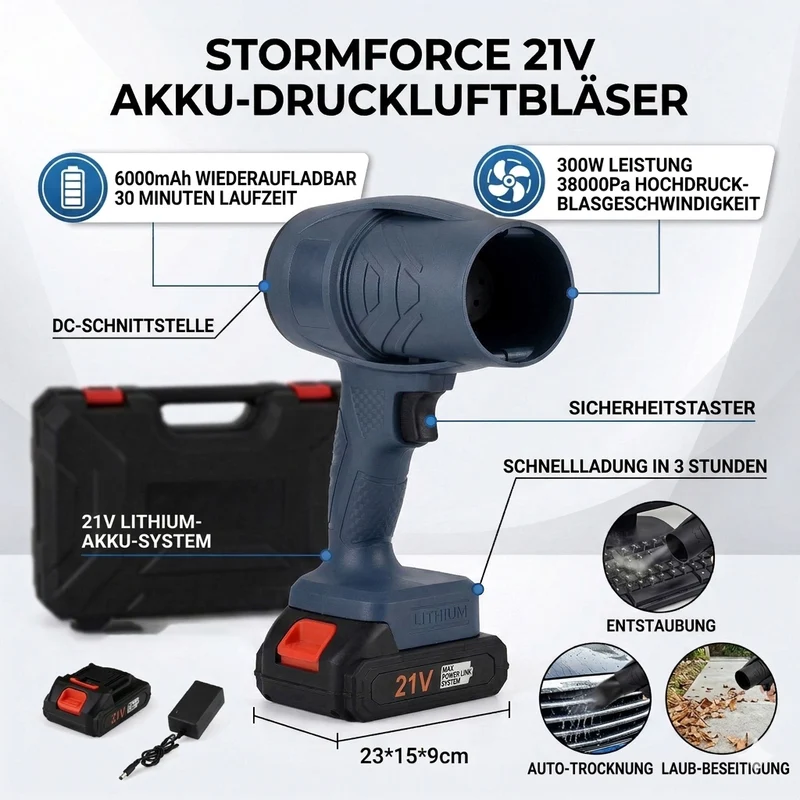 Leistungsstarker Akku Laubbläser 21 V 300 W 38000 Pa mit Lithium Akku, Schwarz