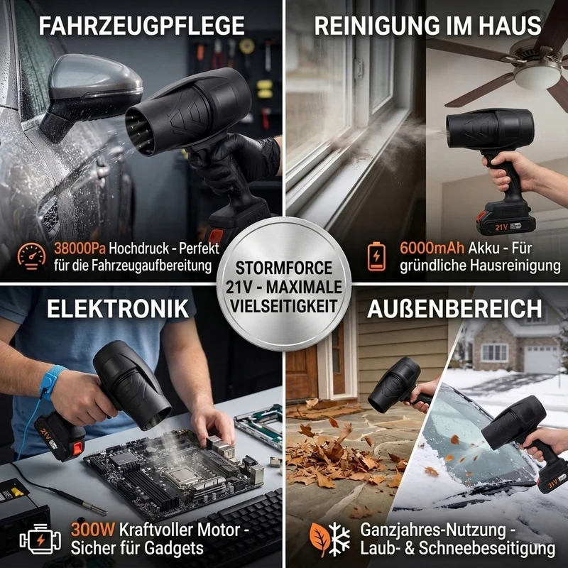 Leistungsstarker Akku Laubbläser 21 V 300 W 38000 Pa mit Lithium Akku, Schwarz
