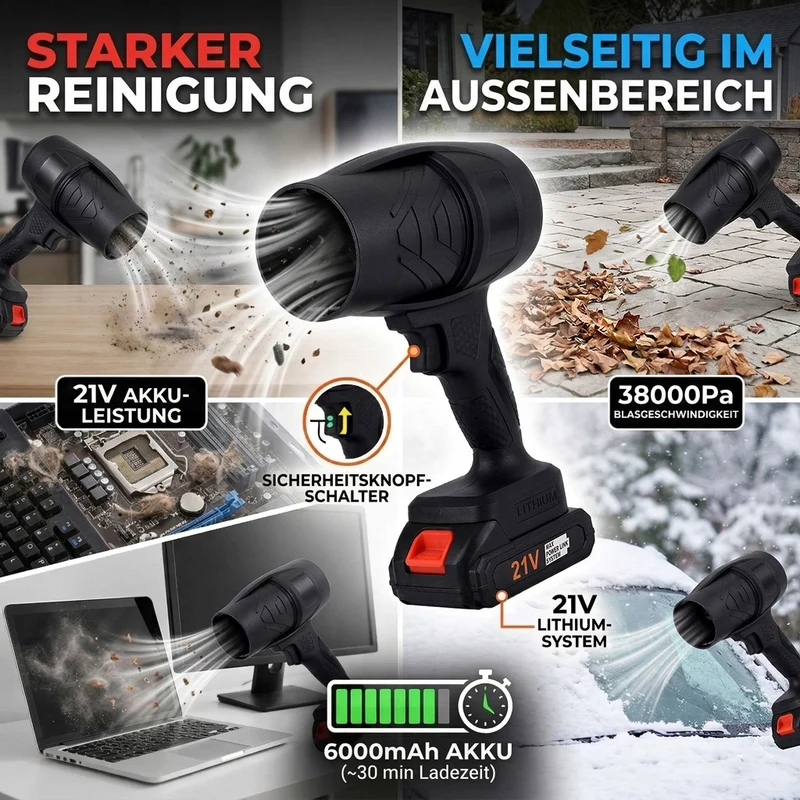 Leistungsstarker Akku Laubbläser 21 V 300 W 38000 Pa mit Lithium Akku, Schwarz