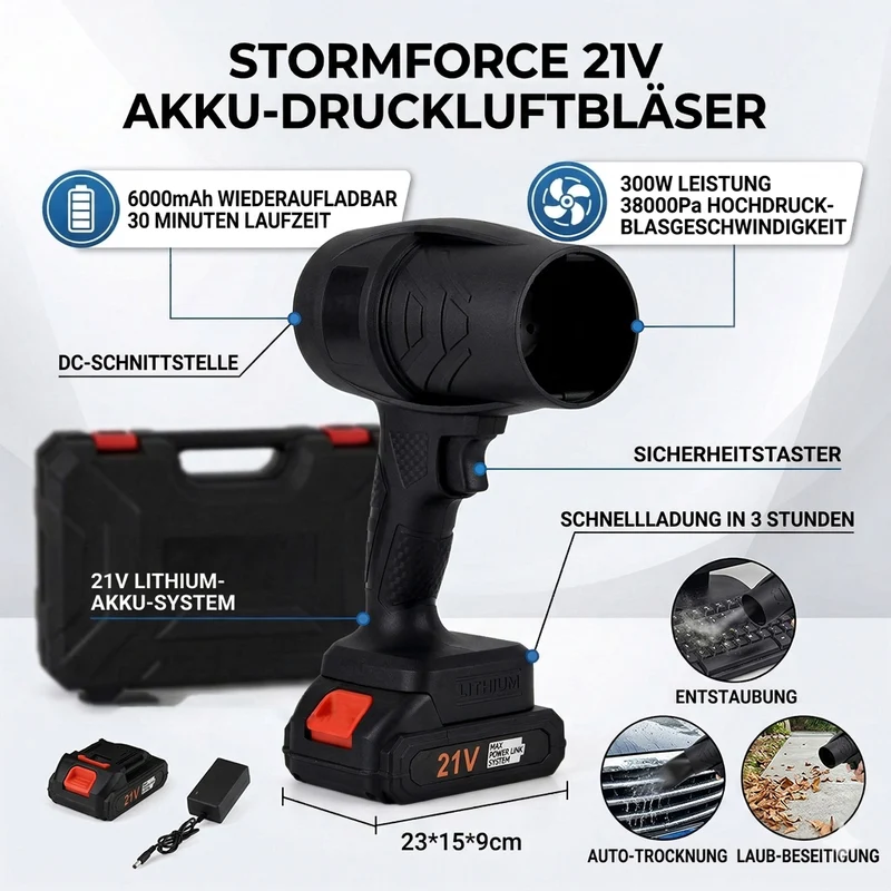 Leistungsstarker Akku Laubbläser 21 V 300 W 38000 Pa mit Lithium Akku, Schwarz