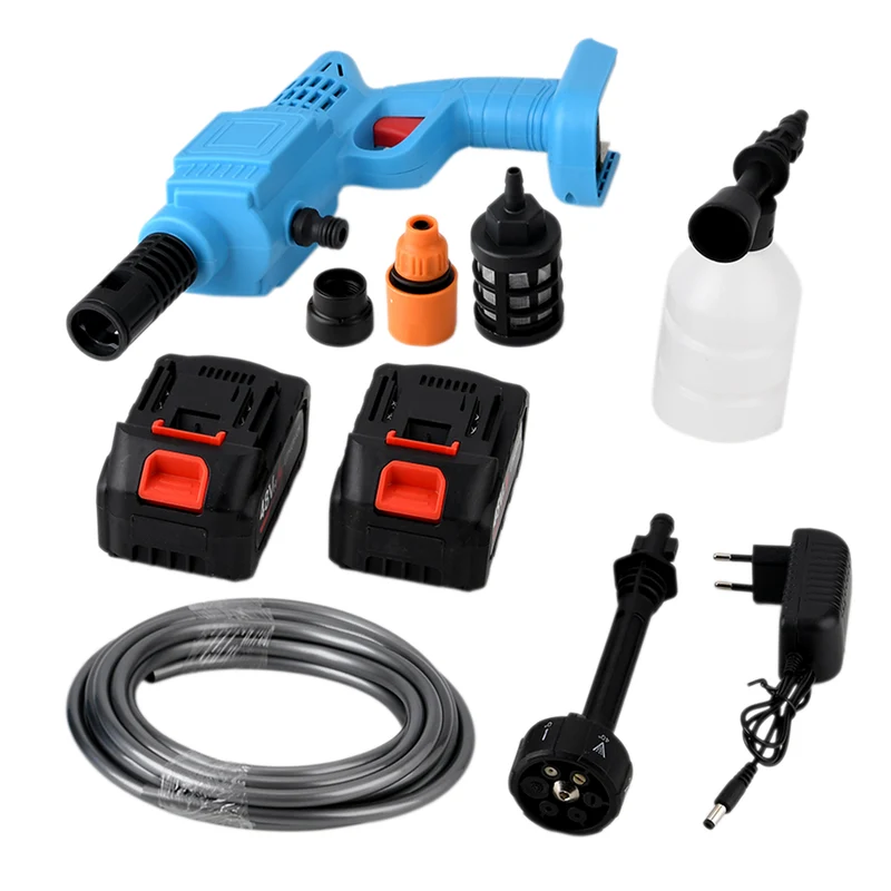 Kabelloser Akku-Hochdruckreiniger, 260 W, 2 Akkus je 6000 mAh, 5 m Wasserschlauch, Zubehör-Set, Blau