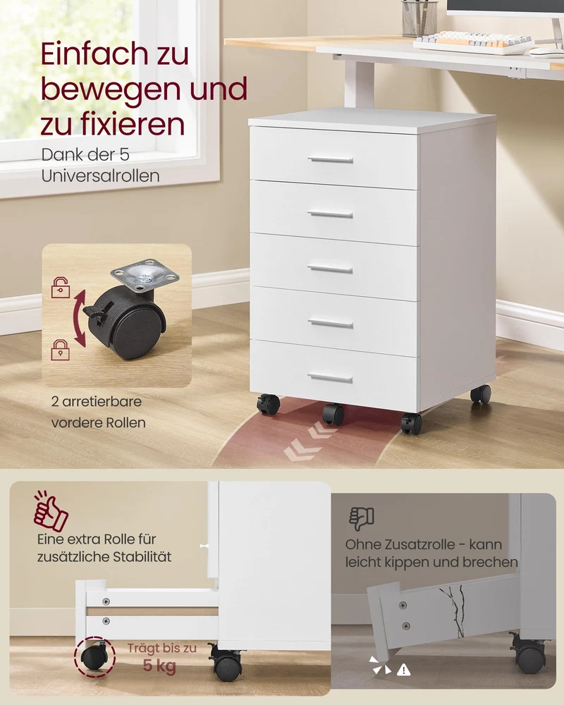VASAGLE Rollcontainer mit 5 Schubladen, schraubenlosen Gleitschienen