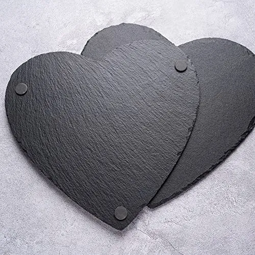 WLWNWFT Schieferplatten 20cm 2er Set, Servierplatten aus Schiefer, Schieferplatte Servierplatte Herz mit Kreidestift, Schieferherzen zum Servieren & Beschriften