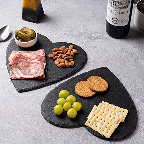 WLWNWFT Schieferplatten 20cm 2er Set, Servierplatten aus Schiefer, Schieferplatte Servierplatte Herz mit Kreidestift, Schieferherzen zum Servieren & Beschriften