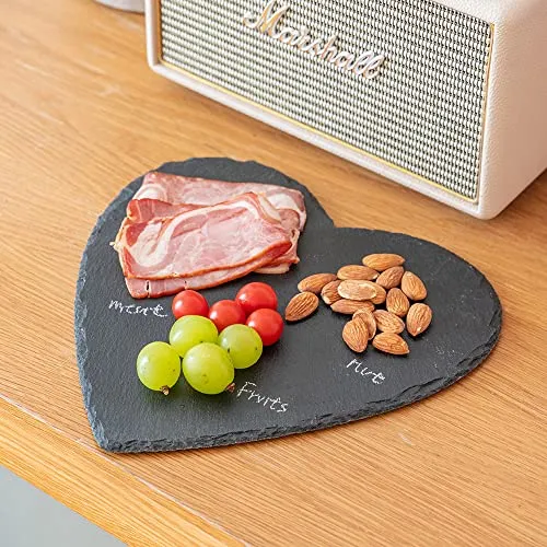 WLWNWFT Schieferplatten 20cm 2er Set, Servierplatten aus Schiefer, Schieferplatte Servierplatte Herz mit Kreidestift, Schieferherzen zum Servieren & Beschriften