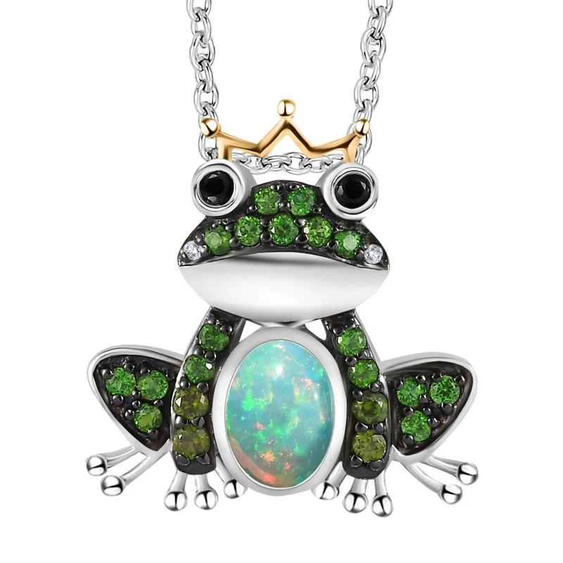 GP Trionfo Lady Kiss Kollektion, Muttertagsspezial - AA Natürlicher, äthiopischer Welo Opal, Schwarzer Spinell Anhänger mit Kette, 925 Silber platiniert, 925 Silber, bicolor, ca. 1.25 ct