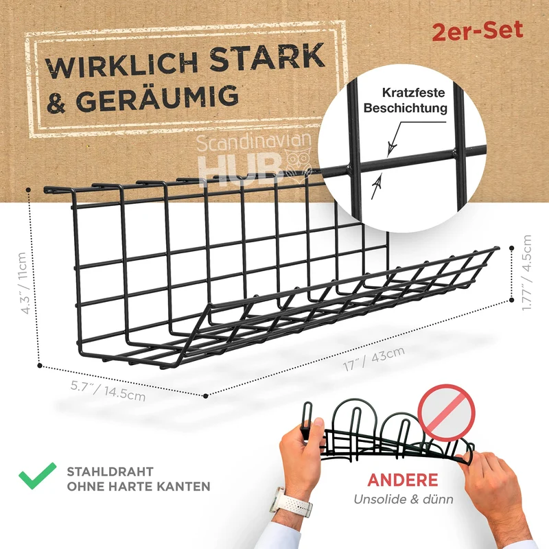 Scandinavian Hub Kabelorganisation · Metallgitter-Kabelwanne – Stahl Schwarz · 43cm (2-pack)