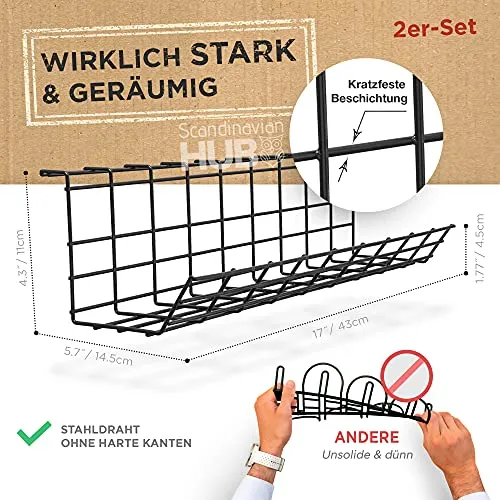 Scandinavian Hub Kabelorganisation · Metallgitter-Kabelwanne – Stahl Schwarz · 43cm (2-pack)