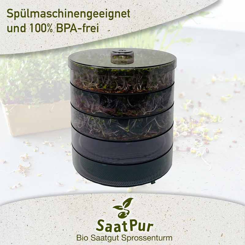 SaatPur® Keimsprossenbox Set 4 mit Vier Etagen als Sprossen Keimgerät: Sprossen Anzucht sowie Microgreens Anzuchtschalen. Keimbox, Keimschale, Keimschachtel, Sprossenbox, Sprossenhaus, Keimgerät