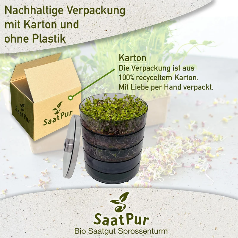 SaatPur® Keimsprossenbox Set 4 mit Vier Etagen als Sprossen Keimgerät: Sprossen Anzucht sowie Microgreens Anzuchtschalen. Keimbox, Keimschale, Keimschachtel, Sprossenbox, Sprossenhaus, Keimgerät