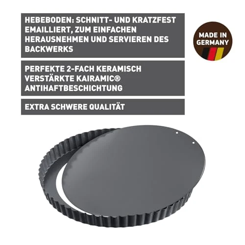 Original Kaiser La Forme Plus Tarteform mit Hebeboden 28 cm, Quicheform antihaftbeschichtet, herausdrückbarer Emailleboden, schnittfest, servierfertig