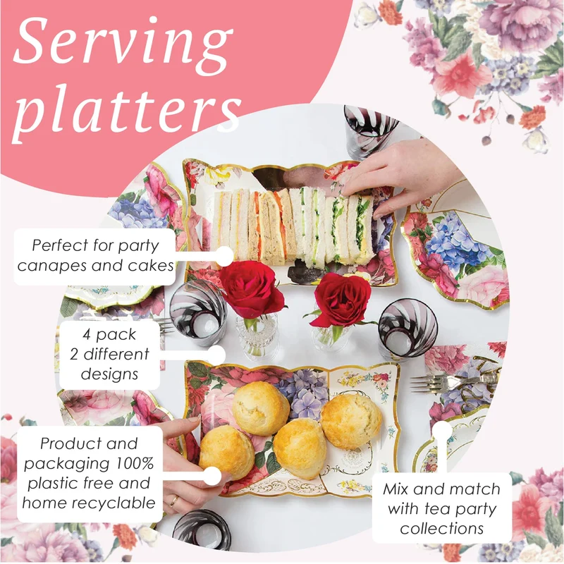 Talking Tables Truly Scrumptious Blumen Papier-Servierplatten, 4er-Pack Einweg-Tabletts für Nachmittagstee, Geburtstag, Muttertag, Bridgerton, 17,5 cm