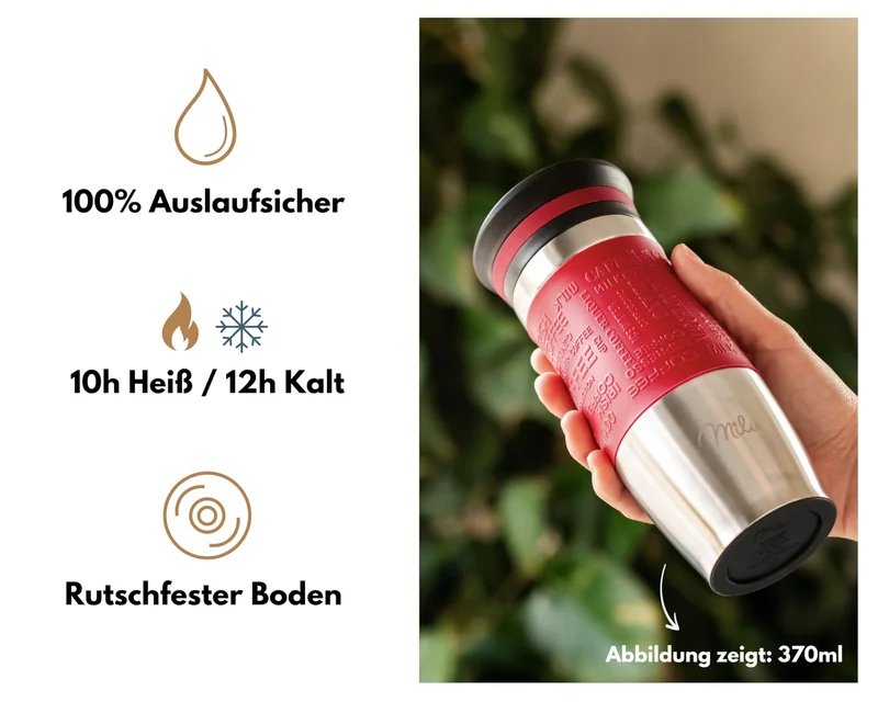 Milu Thermobecher Kaffee to go 370ml, 450ml Isolierbecher Kaffeebecher - 100% Auslaufsicher - Trinkbecher aus Edelstahl - Autobecher doppelwand Isolierung - Travel Mug (Rot, 370ml)