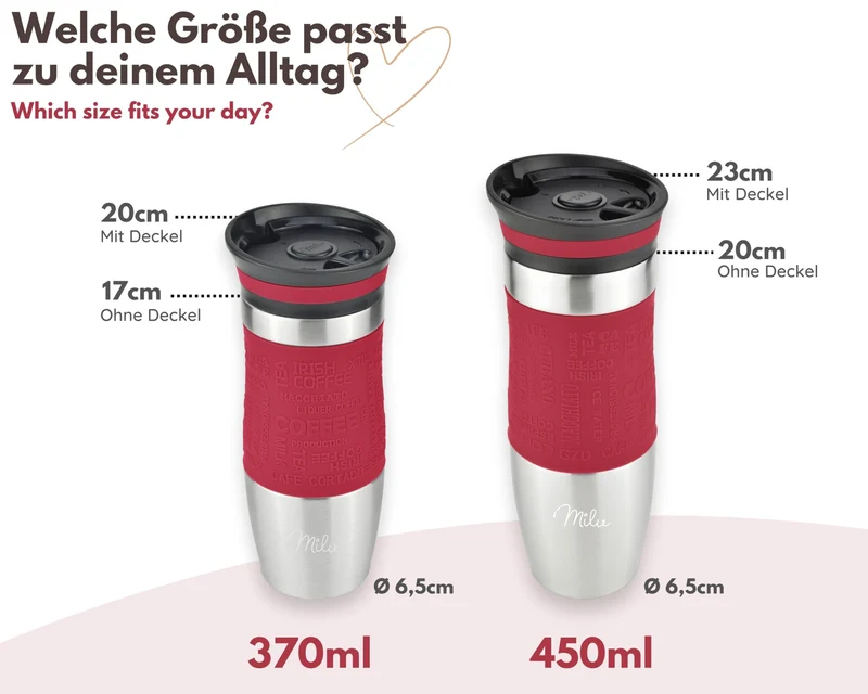Milu Thermobecher Kaffee to go 370ml, 450ml Isolierbecher Kaffeebecher - 100% Auslaufsicher - Trinkbecher aus Edelstahl - Autobecher doppelwand Isolierung - Travel Mug (Rot, 370ml)