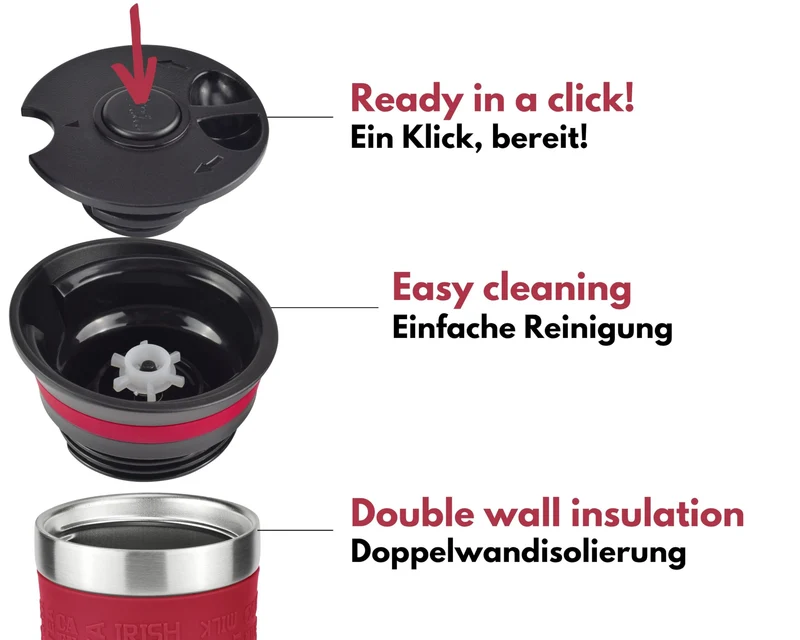 Milu Thermobecher Kaffee to go 370ml, 450ml Isolierbecher Kaffeebecher - 100% Auslaufsicher - Trinkbecher aus Edelstahl - Autobecher doppelwand Isolierung - Travel Mug (Rot, 370ml)