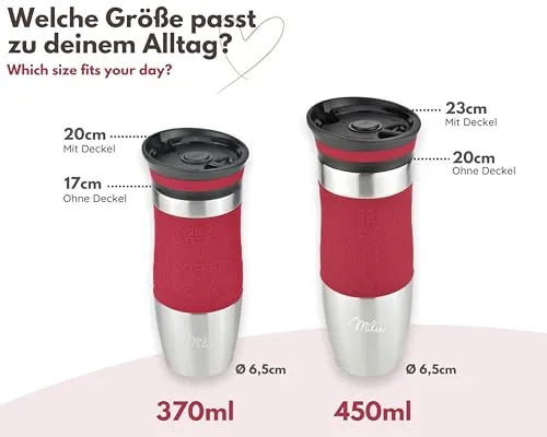 Milu Thermobecher Kaffee to go 370ml, 450ml Isolierbecher Kaffeebecher - 100% Auslaufsicher - Trinkbecher aus Edelstahl - Autobecher doppelwand Isolierung - Travel Mug (Rot, 370ml)
