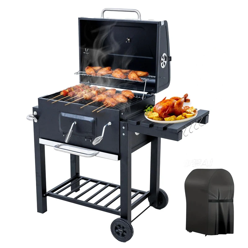 Holzkohlegrill, Grill mit Deckel, Grillfläche: 56×42.5 cm, Höhenverstellbare Kohlenwanne, Faltbarer Seitentisch, Mit Grillabdeckungen Wasserfest