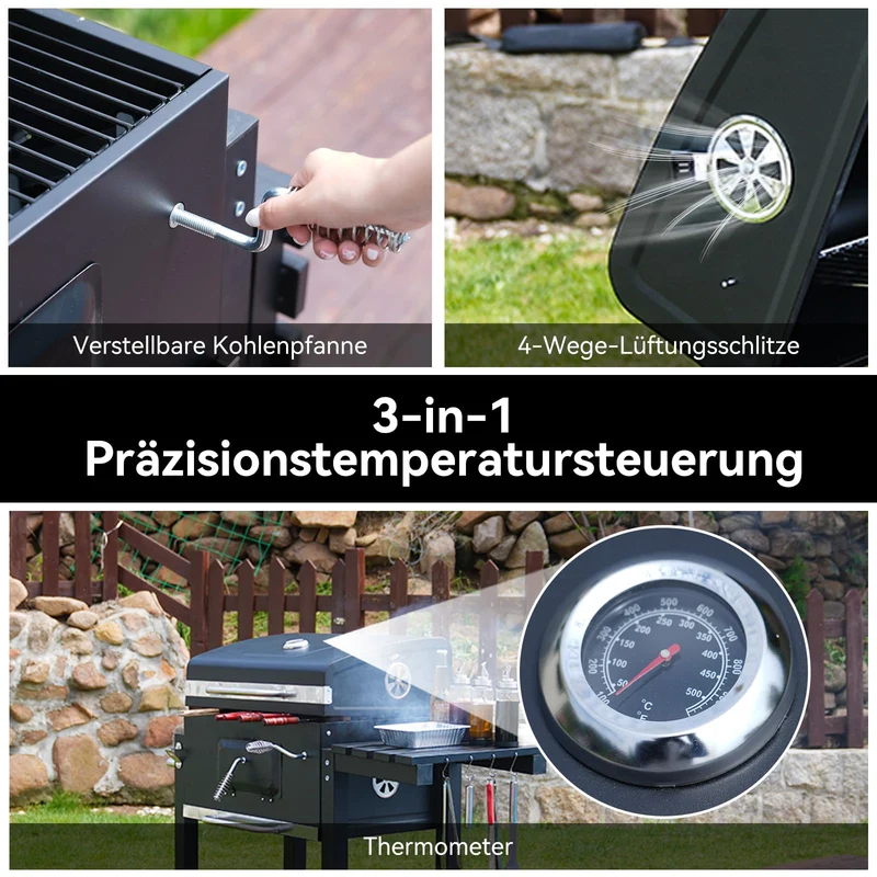 Holzkohlegrill, Grill mit Deckel, Grillfläche: 56×42.5 cm, Höhenverstellbare Kohlenwanne, Faltbarer Seitentisch, Mit Grillabdeckungen Wasserfest