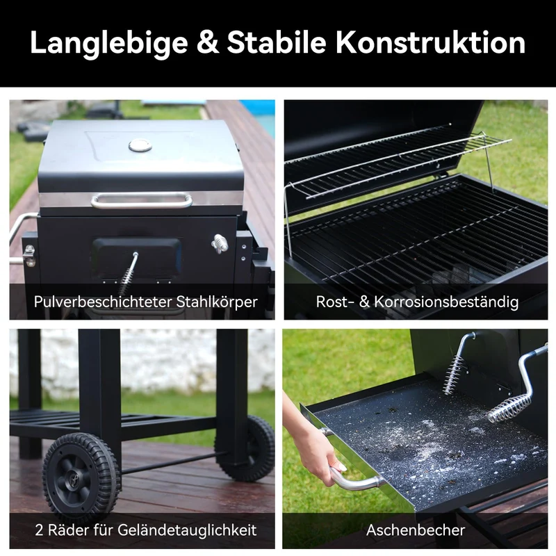 Holzkohlegrill, Grill mit Deckel, Grillfläche: 56×42.5 cm, Höhenverstellbare Kohlenwanne, Faltbarer Seitentisch, Mit Grillabdeckungen Wasserfest