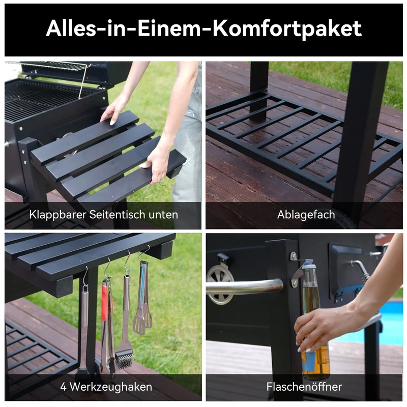 Holzkohlegrill, Grill mit Deckel, Grillfläche: 56×42.5 cm, Höhenverstellbare Kohlenwanne, Faltbarer Seitentisch, Mit Grillabdeckungen Wasserfest