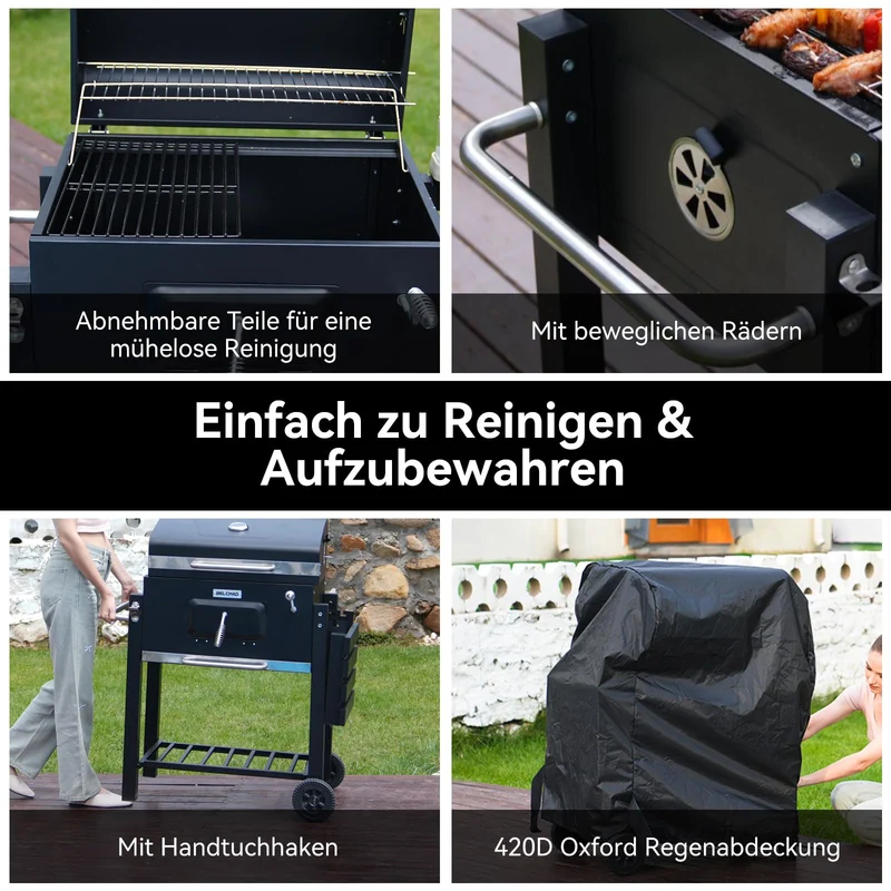 Holzkohlegrill, Grill mit Deckel, Grillfläche: 56×42.5 cm, Höhenverstellbare Kohlenwanne, Faltbarer Seitentisch, Mit Grillabdeckungen Wasserfest