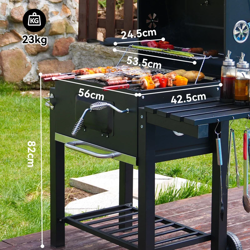 Holzkohlegrill, Grill mit Deckel, Grillfläche: 56×42.5 cm, Höhenverstellbare Kohlenwanne, Faltbarer Seitentisch, Mit Grillabdeckungen Wasserfest