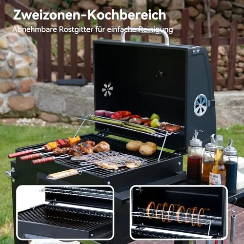 Holzkohlegrill, Grill mit Deckel, Grillfläche: 56×42.5 cm, Höhenverstellbare Kohlenwanne, Faltbarer Seitentisch, Mit Grillabdeckungen Wasserfest