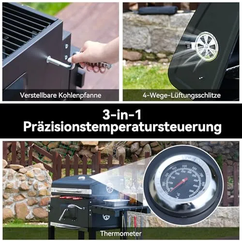 Holzkohlegrill, Grill mit Deckel, Grillfläche: 56×42.5 cm, Höhenverstellbare Kohlenwanne, Faltbarer Seitentisch, Mit Grillabdeckungen Wasserfest