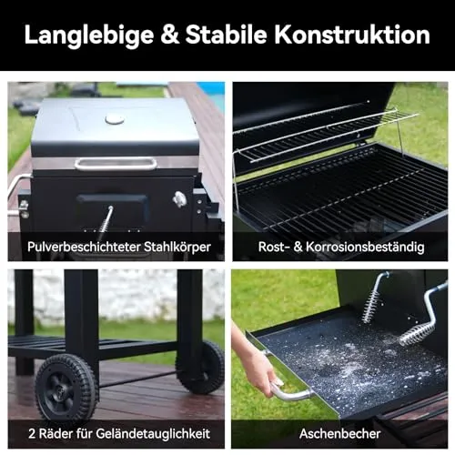 Holzkohlegrill, Grill mit Deckel, Grillfläche: 56×42.5 cm, Höhenverstellbare Kohlenwanne, Faltbarer Seitentisch, Mit Grillabdeckungen Wasserfest