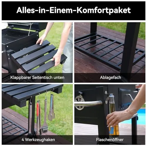 Holzkohlegrill, Grill mit Deckel, Grillfläche: 56×42.5 cm, Höhenverstellbare Kohlenwanne, Faltbarer Seitentisch, Mit Grillabdeckungen Wasserfest