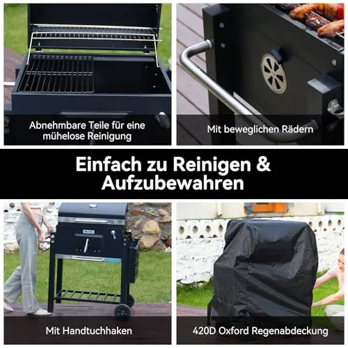 Holzkohlegrill, Grill mit Deckel, Grillfläche: 56×42.5 cm, Höhenverstellbare Kohlenwanne, Faltbarer Seitentisch, Mit Grillabdeckungen Wasserfest