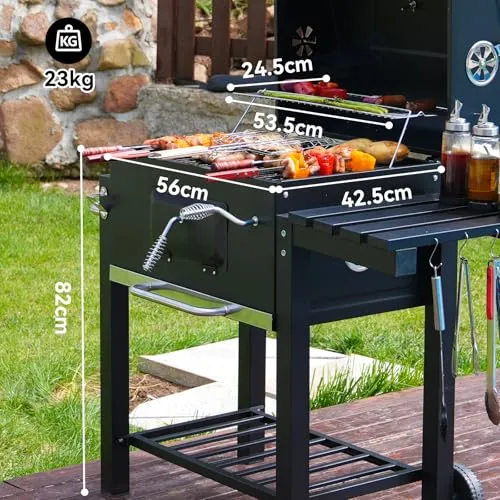 Holzkohlegrill, Grill mit Deckel, Grillfläche: 56×42.5 cm, Höhenverstellbare Kohlenwanne, Faltbarer Seitentisch, Mit Grillabdeckungen Wasserfest