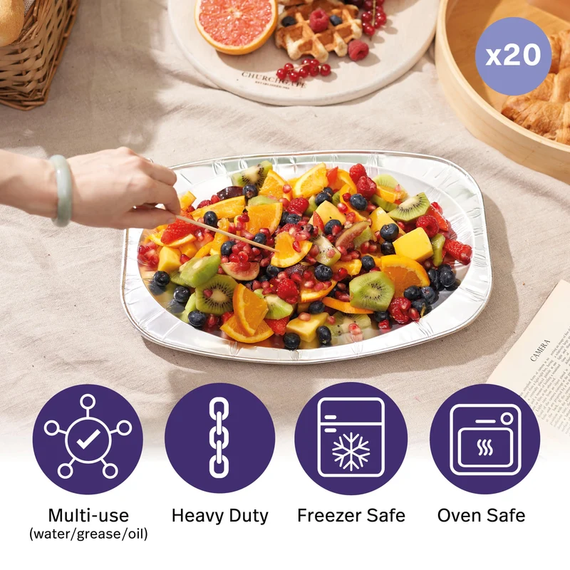 MATANA 20 Große Alu Servierplatten, 35x26cm – Einweg- & Mehrweg Serviertablett mit Hohem Rand & Extra Tiefe – Ofen- & Gefrierschrankgeeignete Buffetplatten für Partys, Weihnachten, Catering